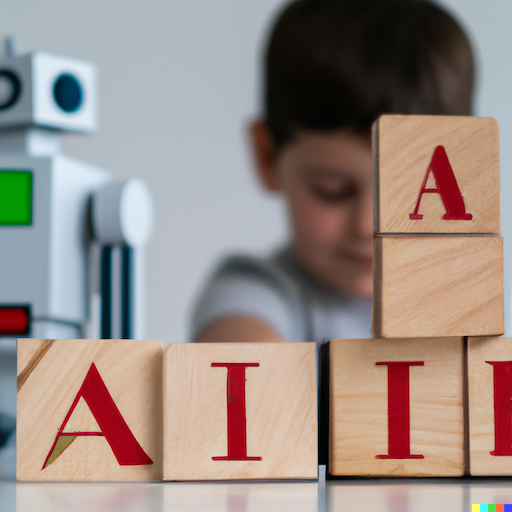 Child, robot and wooden blocks